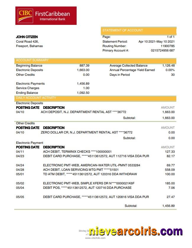 Bahamas FirstCaribbean International Bank bank statement